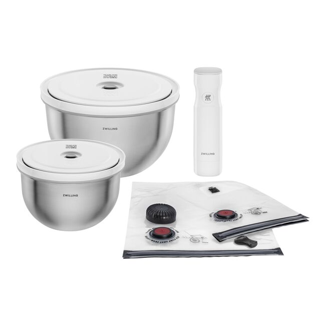 Set sottovuoto Fresh & Save con ciotole in acciaio e contenitori in vetro M, L e rettangolare